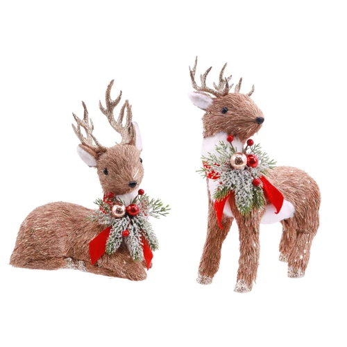 Natural Sisal Reindeer Statuettes with Festive Wreath Collars (2 Styles)