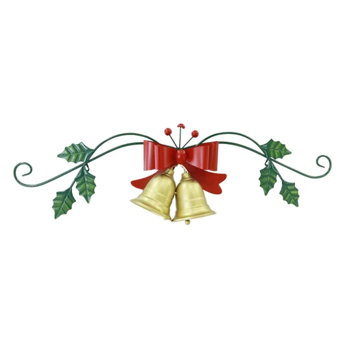 Festive Metal Holly, Red Bow & Twin Gold Bells Wall Decoration