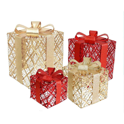 Designer Metallic Red & Gold Present Boxes with Ribbon Bows (Set of 4)