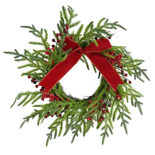 Natural Cedar & Red Berry Christmas Wreath with Red Velvet Ribbon