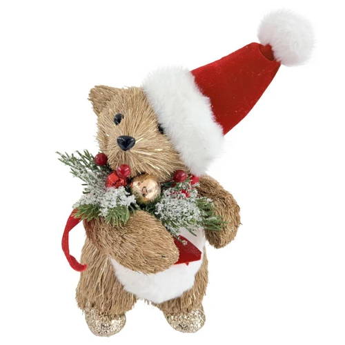 Natural Sisal Standing Bear with Santa Hat & Festive Spray