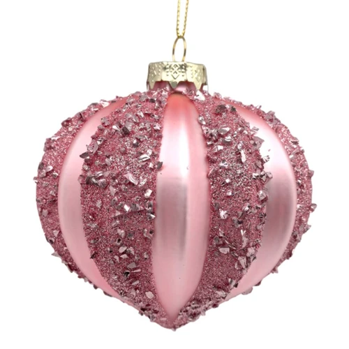 Blush Pink Ribbed Glass Onion Ornament with Beaded Stripes
