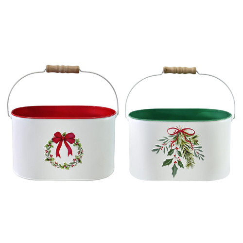 Metal Christmas Oval Bucket with Wooden Handle (2 Styles)
