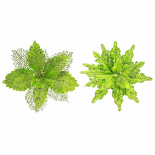 Lime Green Glittered Artificial Poinsettia Clip-On Flower (2 Styles)