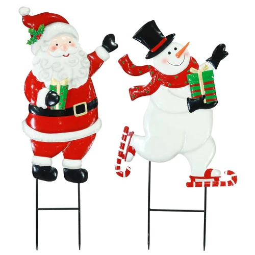 Outdoor Metal Santa or Snowman Lawn Stake - 2 Styles
