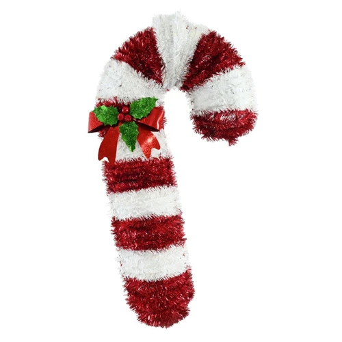 Tinsel Hanging Candy Cane Christmas Decoration with Holly Bow