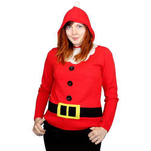 Red Christmas Jumper - fun Red top, black belt and santa hat hoodie with pom pom Red Christmas Jumper - fun Red top, black belt and santa hat hoodie with pom pom