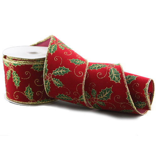 Christmas Red Holly Glittered Ribbon Christmas Red Holly Glittered Ribbon