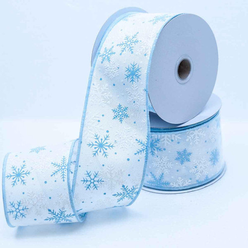 Pale Blue with White Snowflake Ribbon (Wire Edged) - 10m - Christmas Elves