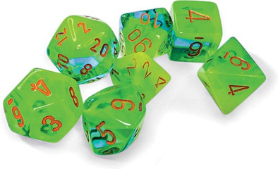 GEMINI POLYHEDRAL PLASMA GREEN TEAL/ORANGE LUMINARY 7 DICE SET (#601982045746)