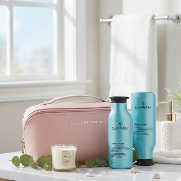 Pureology Strength Cure Shampoo & Conditioner With FREE BeautyFeatures Vanity Bag - Pink 2