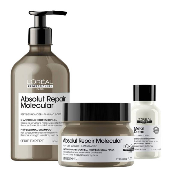 L'Oréal Professionnel Absolut Repair Molecular Shampoo 500ml + Mask 250ml PLUS FREE Metal Detox Shampoo 100ml 