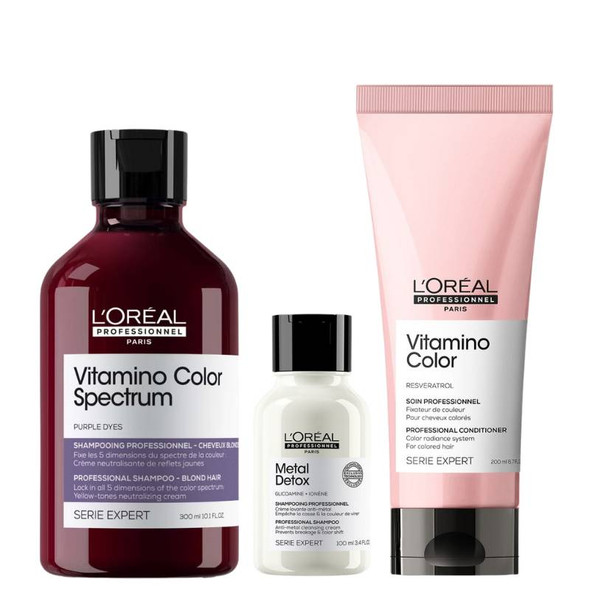 L'Oréal Professionnel Vitamino Color Spectrum Purple Tinted Shampoo 300ml + Vitamino Conditioner 200ml PLUS FREE Metal Detox Anti-Metal Cleansing Cream Shampoo 100ml