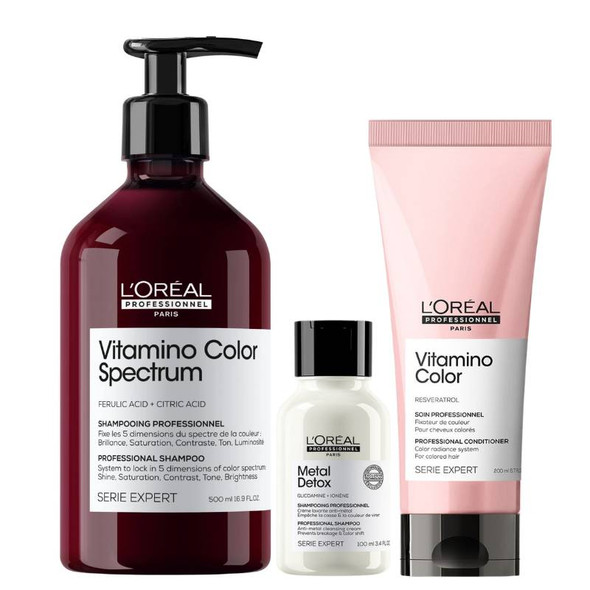 L'Oréal Professionnel Vitamino Color Spectrum Shampoo 500ml + Vitamino Conditioner 200ml PLUS FREE Metal Detox Anti-Metal Cleansing Cream Shampoo 100ml