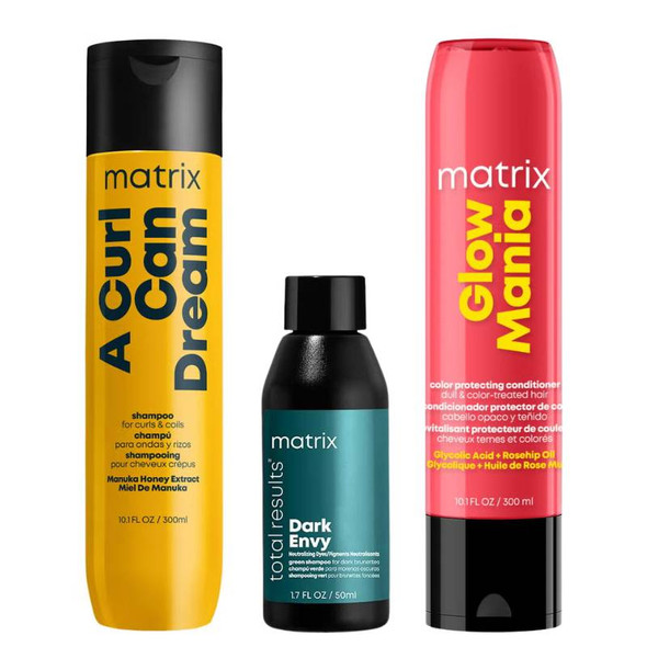 Matrix A Curl Can Dream Gentle Shampoo 300ml + Glow Mania Color Protecting Conditioner 300ml PLUS FREE Total Results Dark Envy Conditioner 50ml