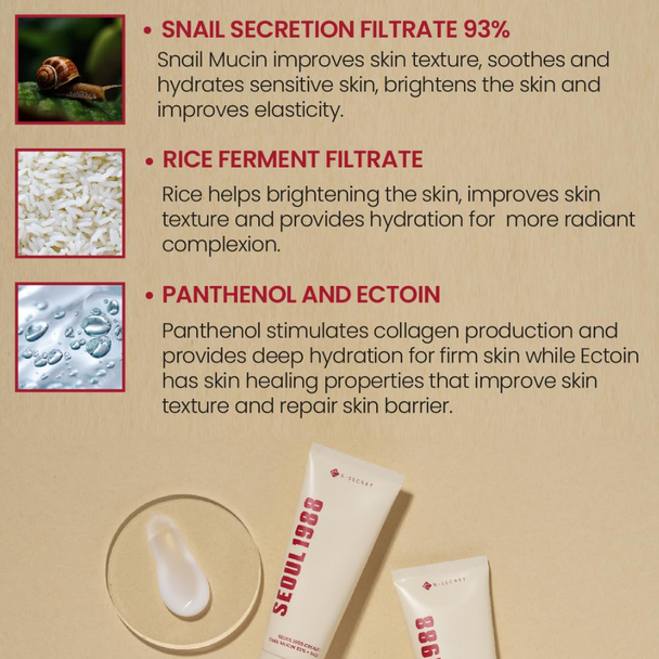 K-Secret Seoul 1988 Cream: Snail Mucin 93% + Rice 100ml