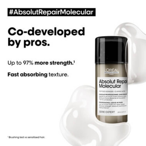 L'Oréal Professionnel Absolut Repair Molecular, Masque Réparateur Moléculaire sans Rinçage pour Cheveux Abîmés 100 ml - info