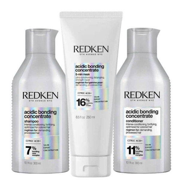 Redken Acidic Bonding Concentrate Shampoo, Conditioner and 5-Minute Liquid Hair Mask Bond Repair Bundle For Damaged Hair