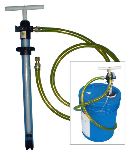 Lubrication Five Gallon Pump with Hose with inlaid picture of pump in a bucket