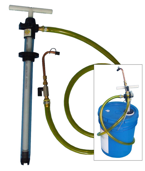 Lubrication Five Gallon Pump with Hose, and A10 with inlaid picture of pump in a bucket