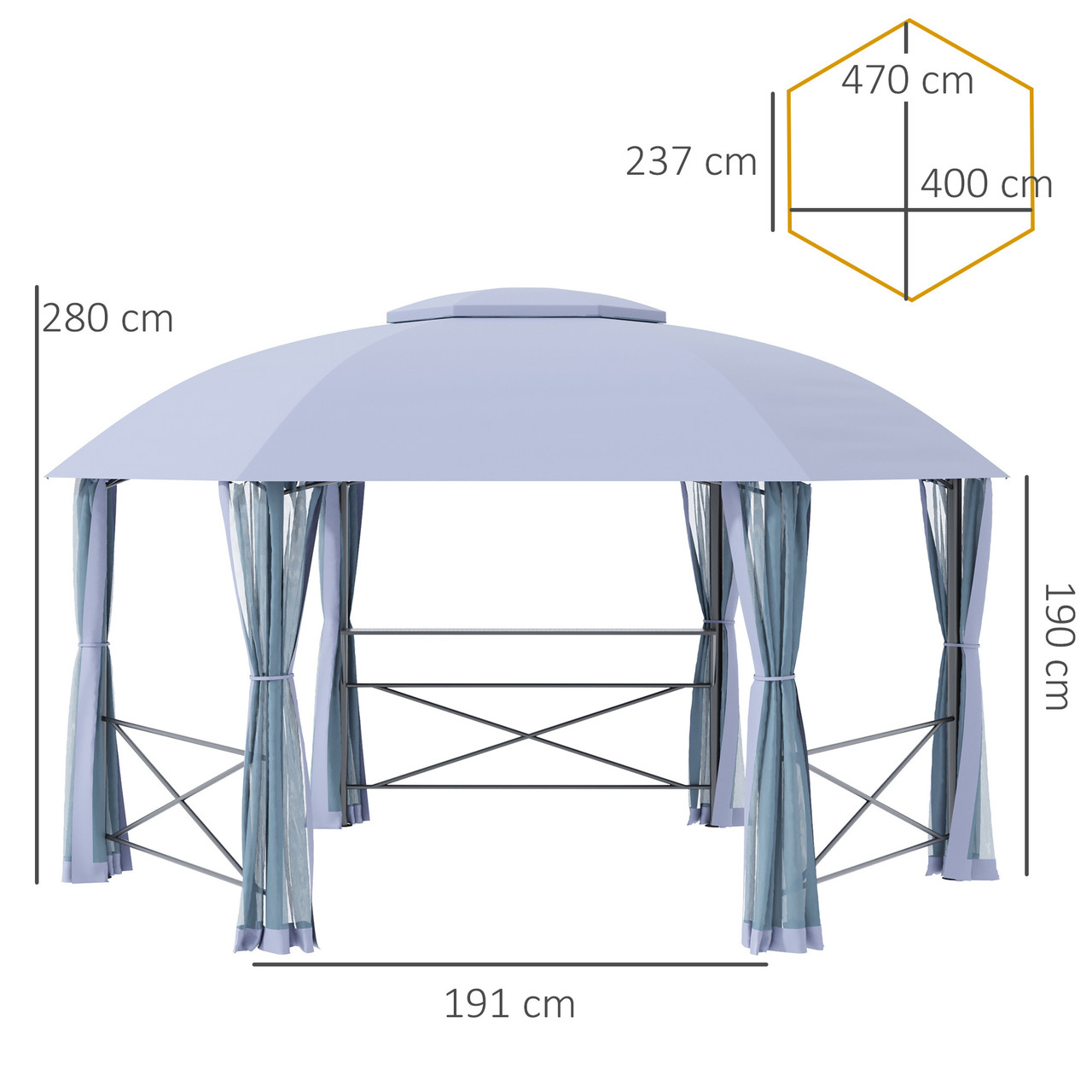 4x4.7m Metal Gazebo Canopy, Hexagon Shape Garden Net, Steel Frame, Grey -  The Woodley Outlet