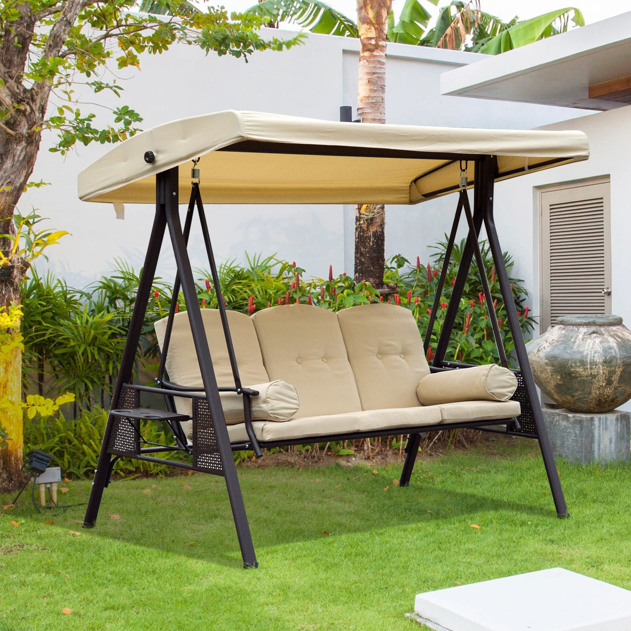 Steel Swing Chair Hammock Garden 3 Seater Canopy Cushion Shelter