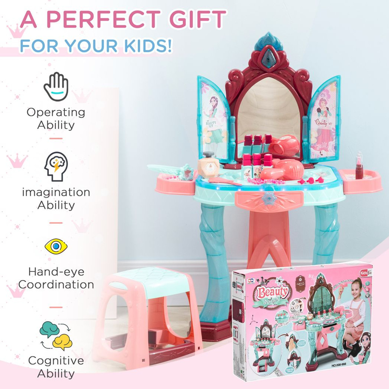 HOMCOM Kids Vanity Table & Stool Girls Dressing Set With Rotatable Mirror  Drawer | Robert Dyas