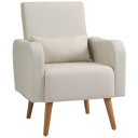 Nordic Armchair Linen-Touch Sofa Chair with Cushioned Pillow & Wood Legs Cream