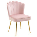 Velvet pink accent chair with metal legs against a neutral background