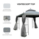 3 x 3(m) Garden Gazebo Double Top Gazebo Canopy w/ Curtains Grey Outsunny