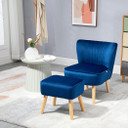 Velvet-Feel Accent Chair w/ Ottoman Tub Seat Padding Wood Legs Dark Blue