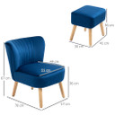 Velvet-Feel Accent Chair w/ Ottoman Tub Seat Padding Wood Legs Dark Blue