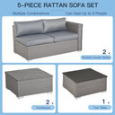5 PCs Rattan Wicker Corner Sofa Set Tea Table Footstool & Cushion - Grey