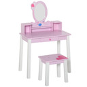 Adorable pink HOMCOM Kid Vanity Table Set with cartoon patterns and oval mirror - Perfect for children's bedrooms, playrooms, and creative spaces - Sturdy MDF and pinewood construction - Ample storage with drawer and compartments - Includes matching stool - Safe and stylish kids' furniture.