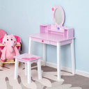Adorable pink HOMCOM Kid Vanity Table Set with cartoon patterns and oval mirror - Perfect for children's bedrooms, playrooms, and creative spaces - Sturdy MDF and pinewood construction - Ample storage with drawer and compartments - Includes matching stool - Safe and stylish kids' furniture.