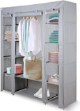 Knight Triple Canvas Portable Large Free Standing Wardrobe Shelving Clothes Storage with Hanging Rail and Cubic Drawer (1pc Included) - L 150cm x W 45cm x H 175cm - Grey