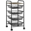 HOMCOM Storage Trolley Rolling Utility Cart with 4 Mesh Basket for Kitchen Black