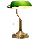 Banker's Table Lamp Desk Lamp w/Antique Bronze Base, Glass Shade and Pull Rope