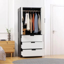 2 Door Wardrobe Modern Wardrobe with 3 Drawer and Hanging Rod for Bedroom White