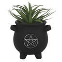 Image: Enchanted Pentagram Cauldron Plant Pot - Black terracotta pot with a silver pentagram design, H12cm x W13cm x D11.5cm, ideal for small plants and flowers or as a desk organizer for pens and pencils.