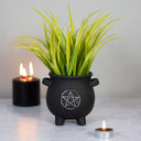 Image: Enchanted Pentagram Cauldron Plant Pot - Black terracotta pot with a silver pentagram design, H12cm x W13cm x D11.5cm, ideal for small plants and flowers or as a desk organizer for pens and pencils.