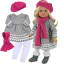 Fair Isle 18 Inch Baby Dolls Clothes Set, Grey Doll Dress Leggings Hat Scarf