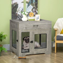 Grey Double-Door Dog Kennel Furniture Pet Crate - Multifunctional Indoor Medium Dog Cage and Side Table with Secure Locking Doors, Sturdy Steel Construction, Elevated Base, and Washable Cushion. Dimensions: 75H x 80W x 58Dcm