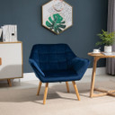 Luxe Velvet-Feel Accent Chair w/ Wide Arms Slanted Back Padding Wood Legs Blue