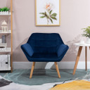 Luxe Velvet-Feel Accent Chair w/ Wide Arms Slanted Back Padding Wood Legs Blue
