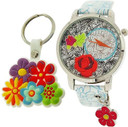 Time Design Kids Children Quartz Analogue Floral Watch Key Ring Set