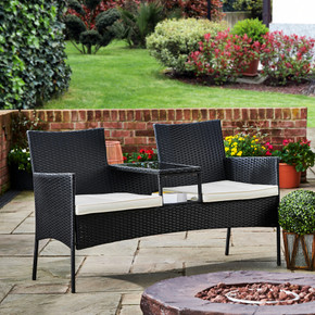 Outdoor Garden Furniture Rattan Loveseat with Table & Cushions