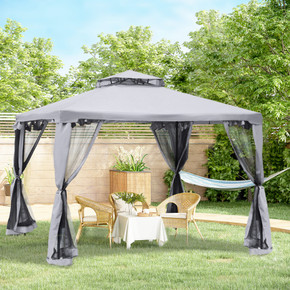 An outdoor metal gazebo with a 2-tier grey canopy roof, supported by four metal legs. The gazebo provides shelter and shade for outdoor gatherings and events. The canopy fabric is made of high-quality polyester and features a water-resistant and UV-resistant coating. The gazebo measures 3x3 meters and is easy to assemble.