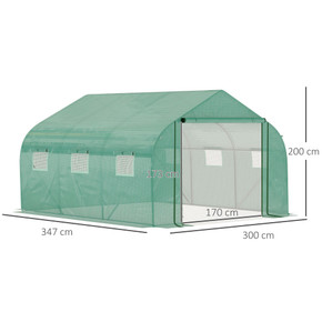 Walk-in Garden Greenhouse Zippered Roll Up Door & 6 Windows, 3.5 x 3 x 2m, Green