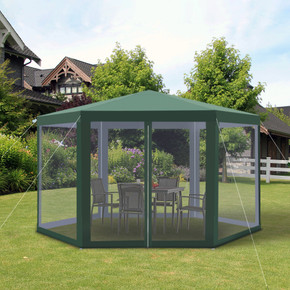 Outsunny Hexagon White Green Gazebo with Adjustable Height and Insect Protection in Outdoor Setting
